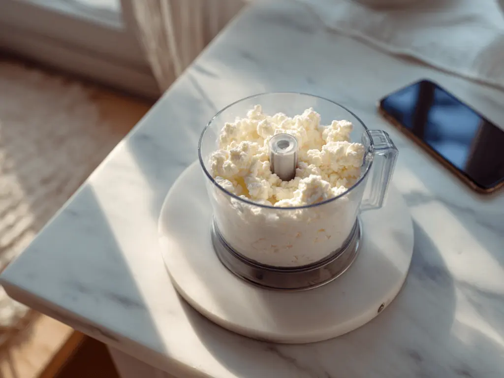 blending cottage cheese in a food processor until smooth
