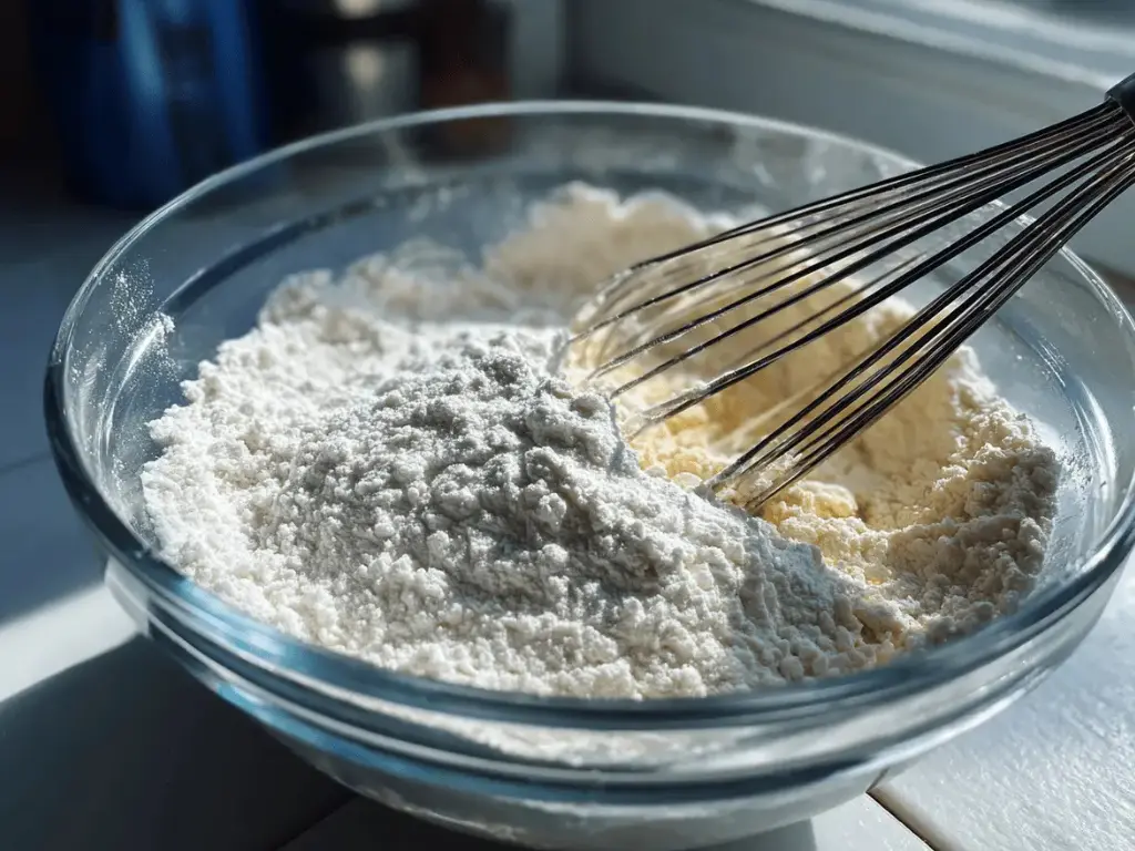 Mixing coffee cake muffin batter in a bowl in a bright kitchen