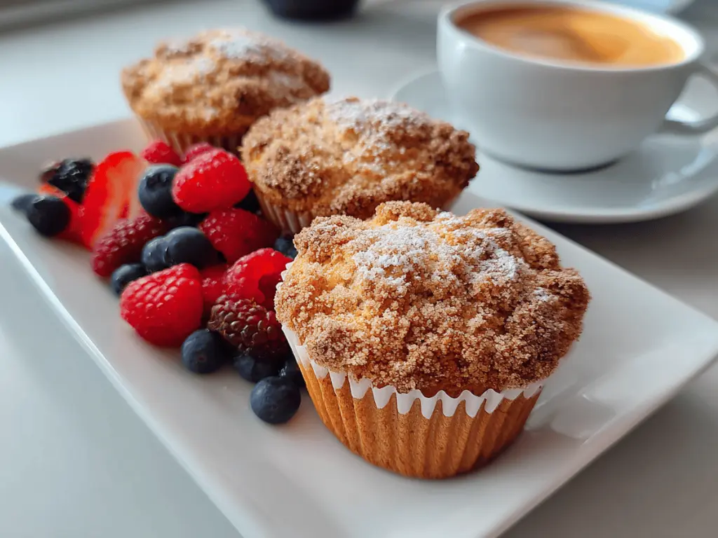 Coffee Cake Muffins served with coffee and berries on a bright table