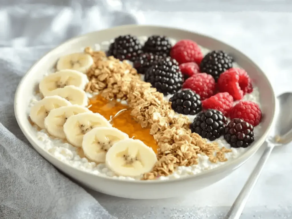 cottage cheese bowl topped with banana slices berries granola and honey