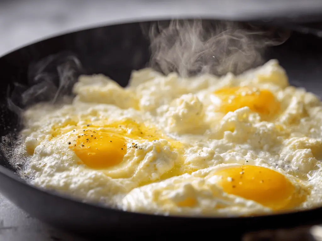 cottage cheese eggs cooking slowly in skillet with steam in daylight