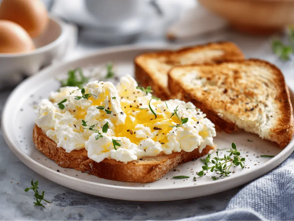 creamy cottage cheese eggs served with toast and herbs in morning light