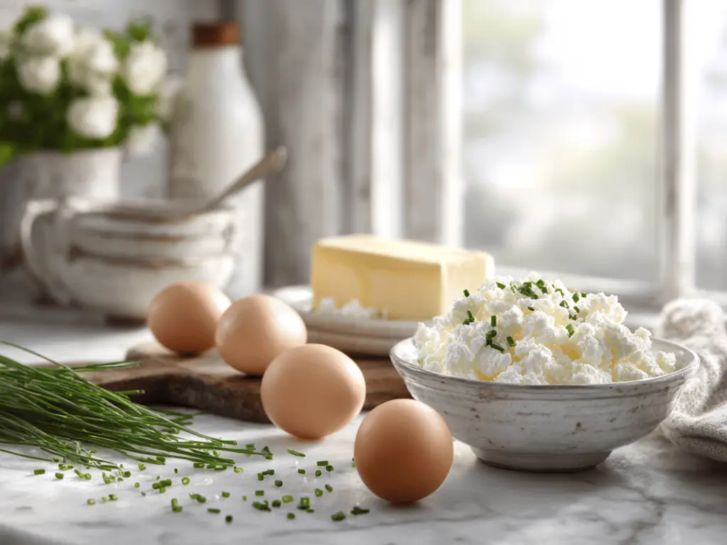 eggs cottage cheese butter and herbs arranged on bright kitchen counter