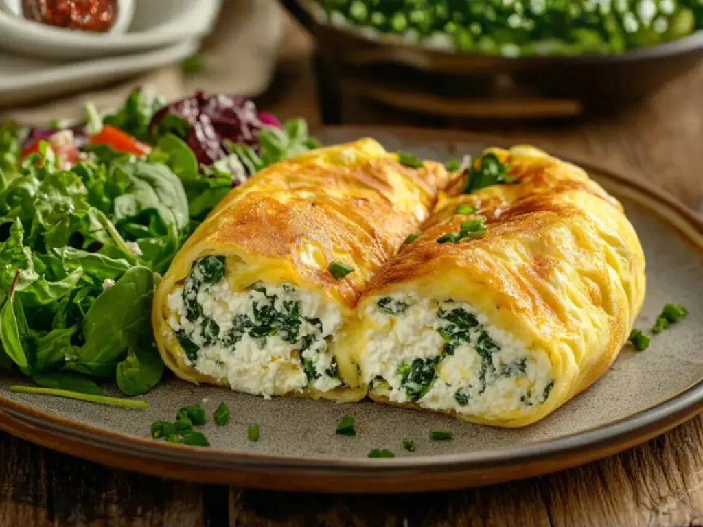 cottage cheese and spinach omelet served with fresh salad on a rustic plate