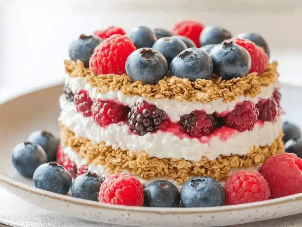 What does cottage cheese mix well with: layered cottage cheese parfait with granola raspberries and blueberries on a white plate