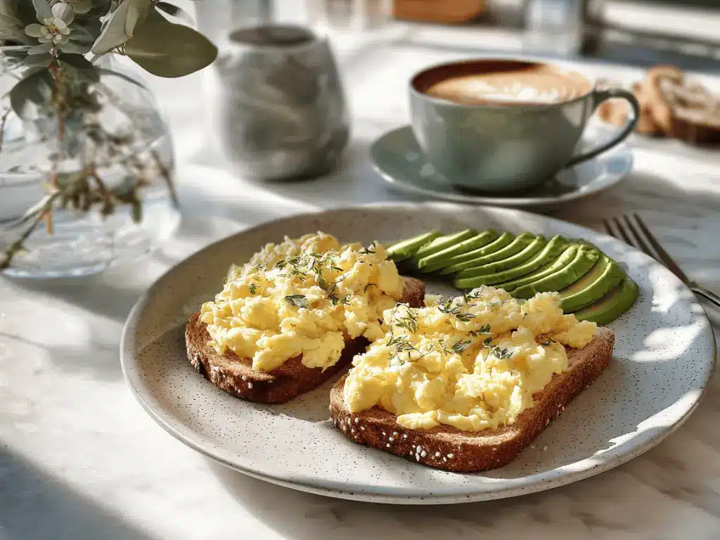 Creamy scrambled garlic butter eggs served with toast avocado and coffee on a bright table