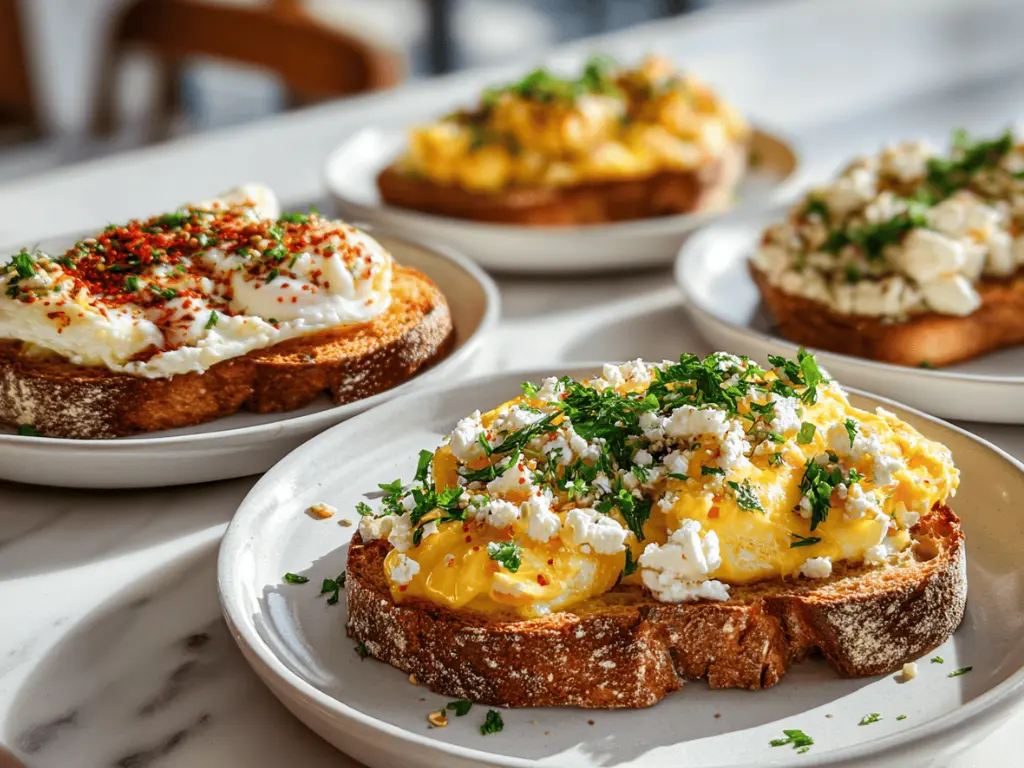 Different garlic butter egg variations on white plates topped with chili flakes parsley and feta