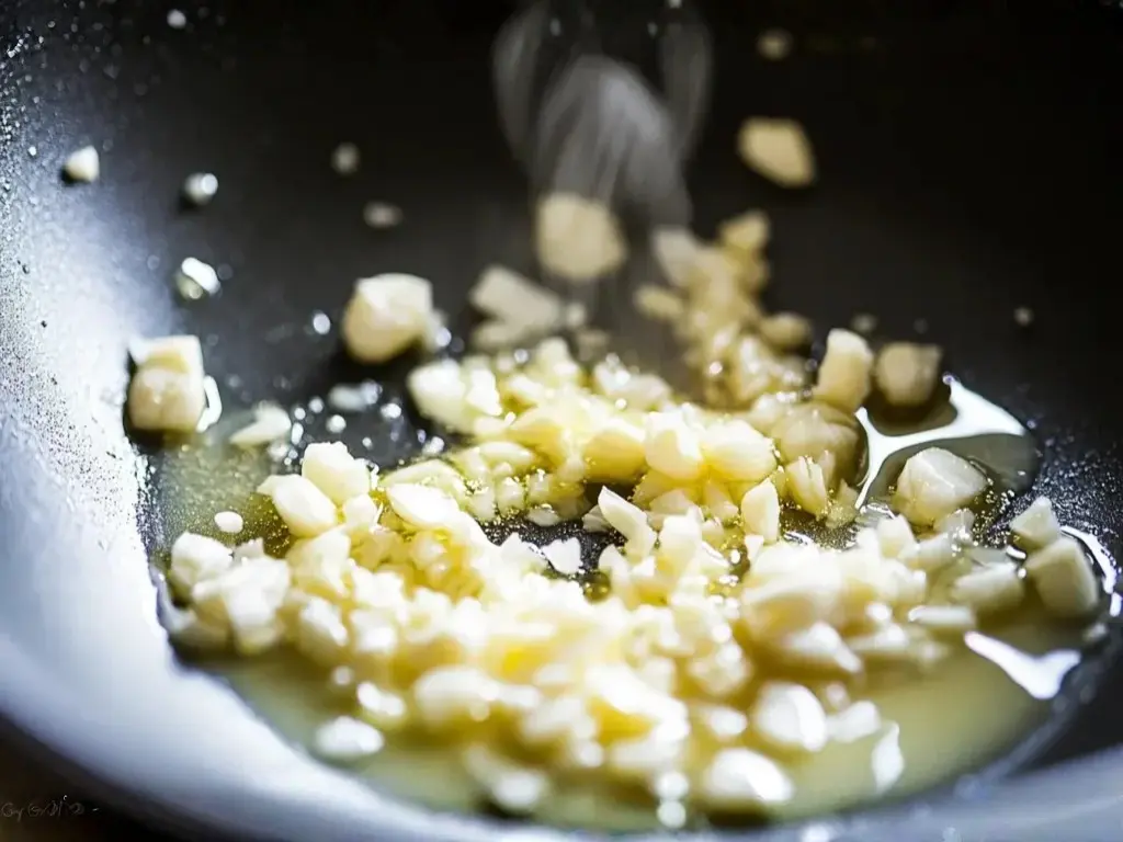 Chopped garlic sizzling in melted butter in a skillet for garlic butter eggs recipe