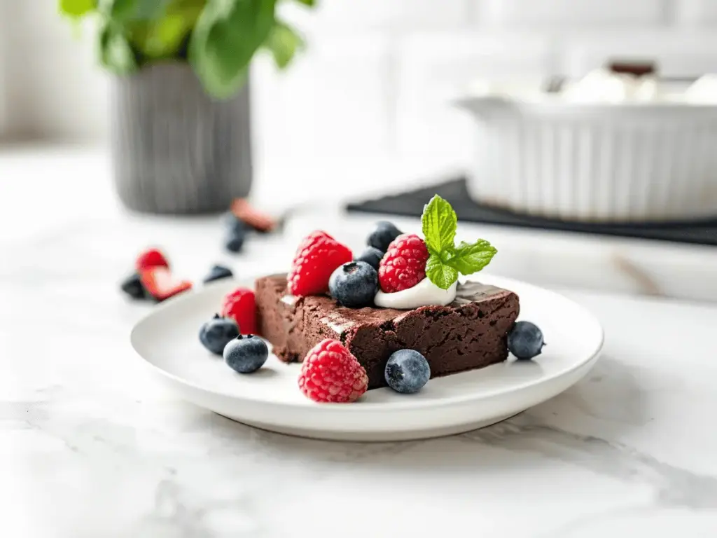 Low Calorie Brownies: Fudgy, Healthy, and Totally Guilt-Free 4 Low calorie brownie with Greek yogurt and berries on clean white counter
