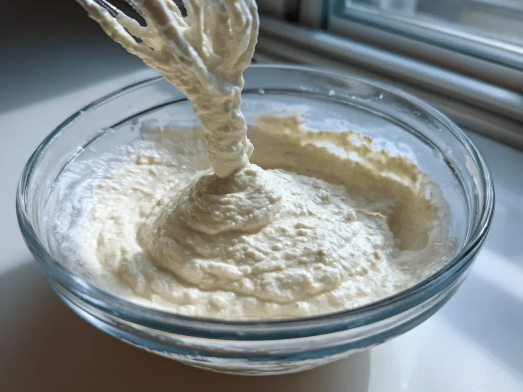 mixing oatmeal yogurt muffin batter by hand in a bright kitchen