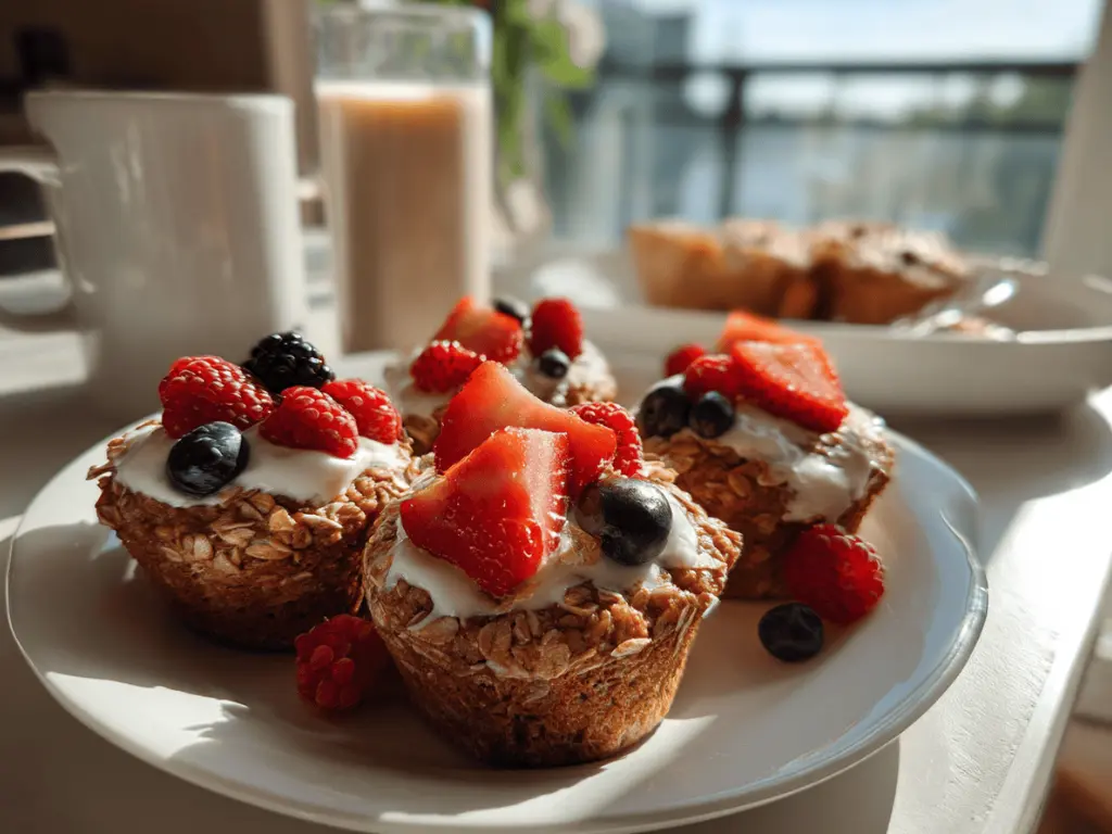 oatmeal yogurt muffins served with fresh berries and yogurt on a breakfast table