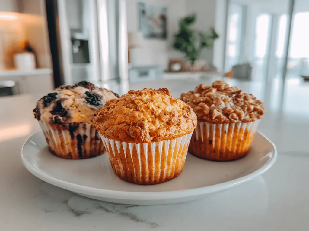 blueberry banana and apple oatmeal yogurt muffins displayed on plates