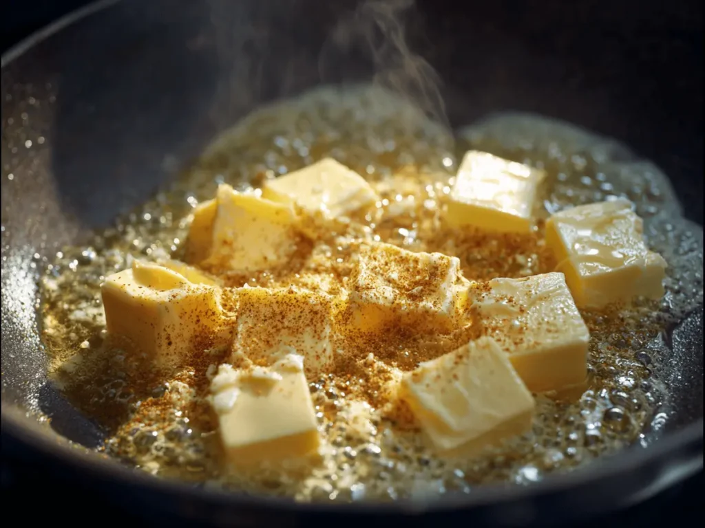 Cajun Alfredo Sauce Recipe: A Creamy, Spicy Southern Twist 2 Butter and Cajun spices sizzling for Cajun Alfredo sauce recipe