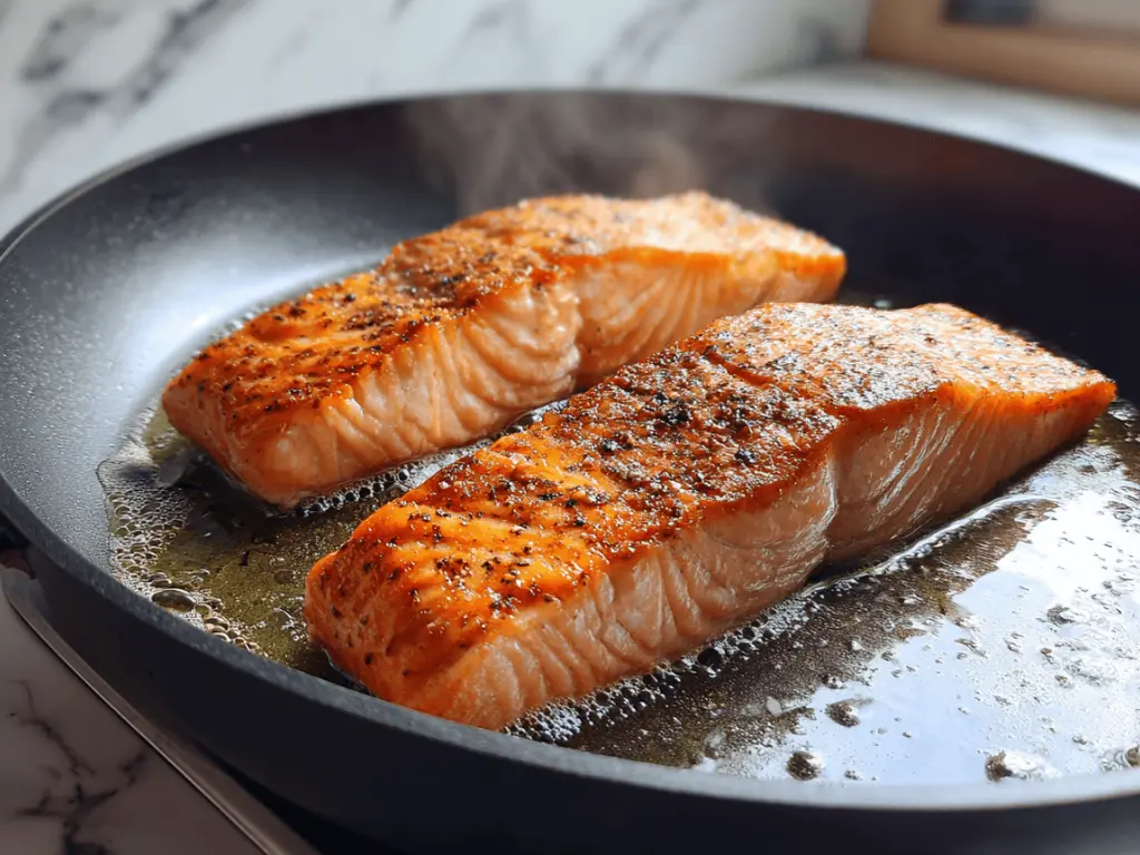 cooking salmon fillets in a pan for Caesar Salad