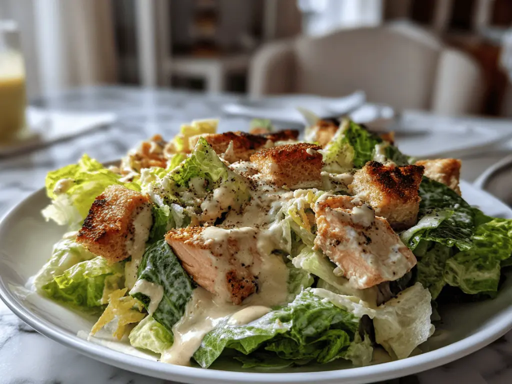 serving Salmon Caesar Salad with creamy dressing and fresh greens