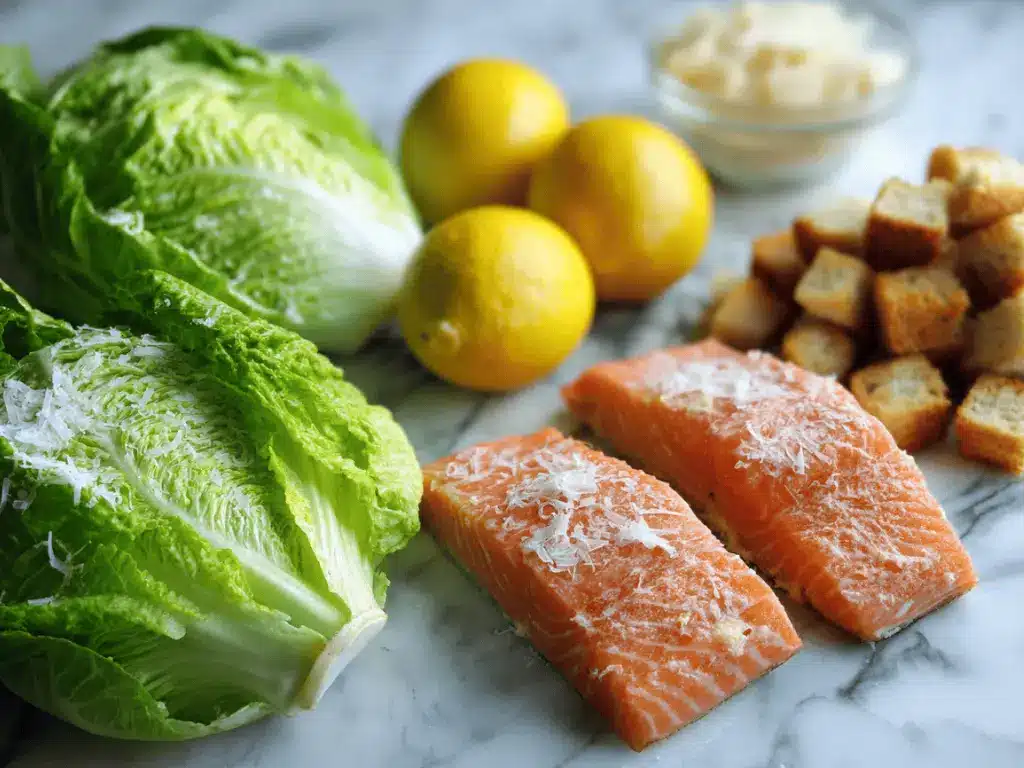 fresh ingredients for Salmon Caesar Salad on a bright counter