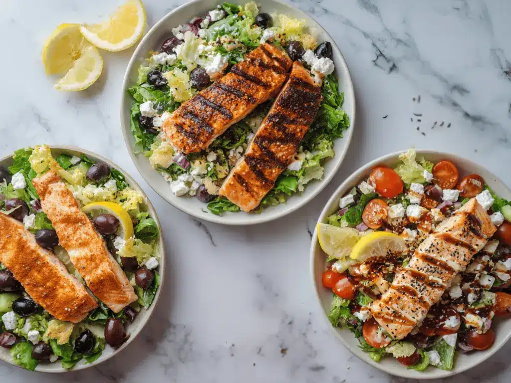 variations of Salmon Caesar Salad with Mediterranean and Cajun flavors