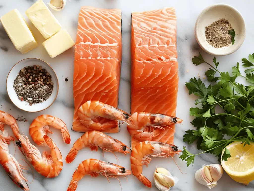 Salmon and Shrimp Recipe (One-Pan Flavorful Seafood Dinner) 2 Fresh ingredients for salmon and shrimp recipe.