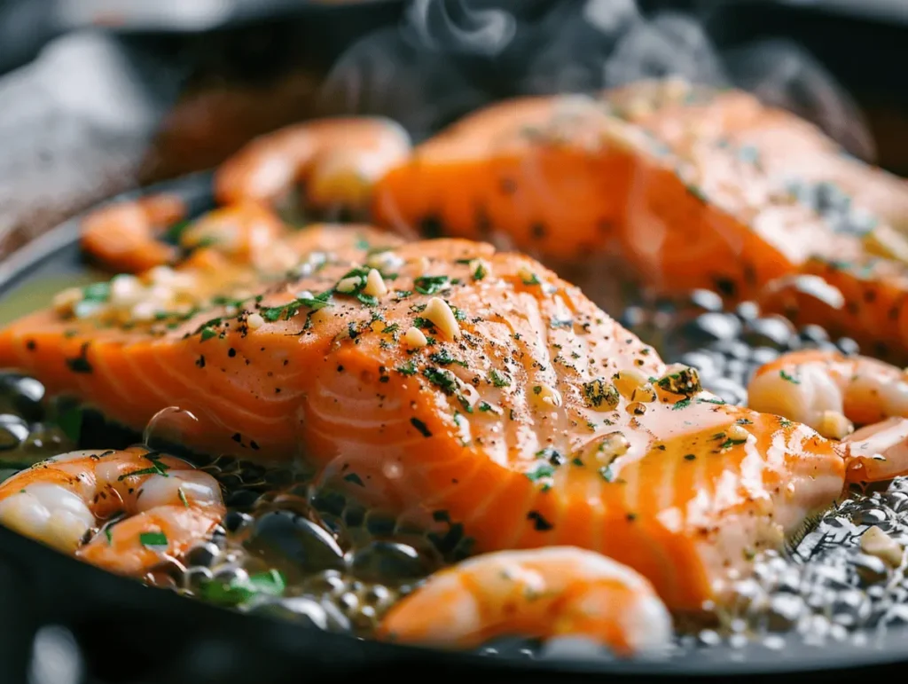 Salmon and Shrimp Recipe (One-Pan Flavorful Seafood Dinner) 3 Salmon and shrimp cooking together in garlic butter skillet.