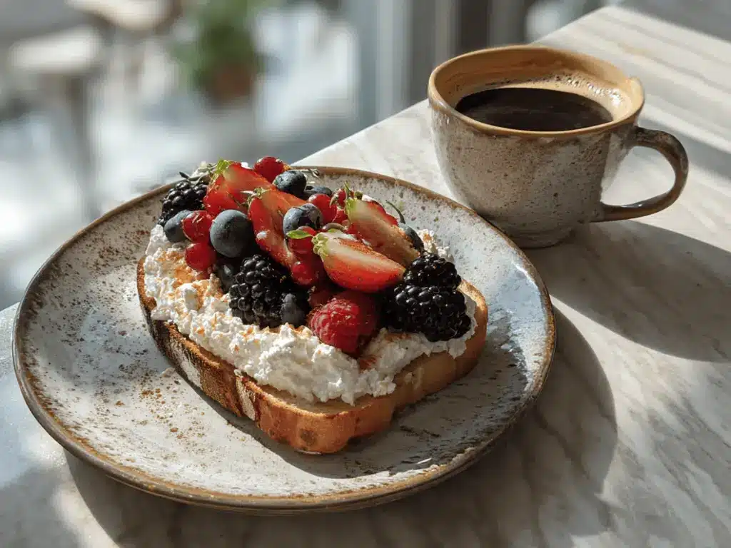 serving cottage cheese with toast berries and coffee on marble counter
