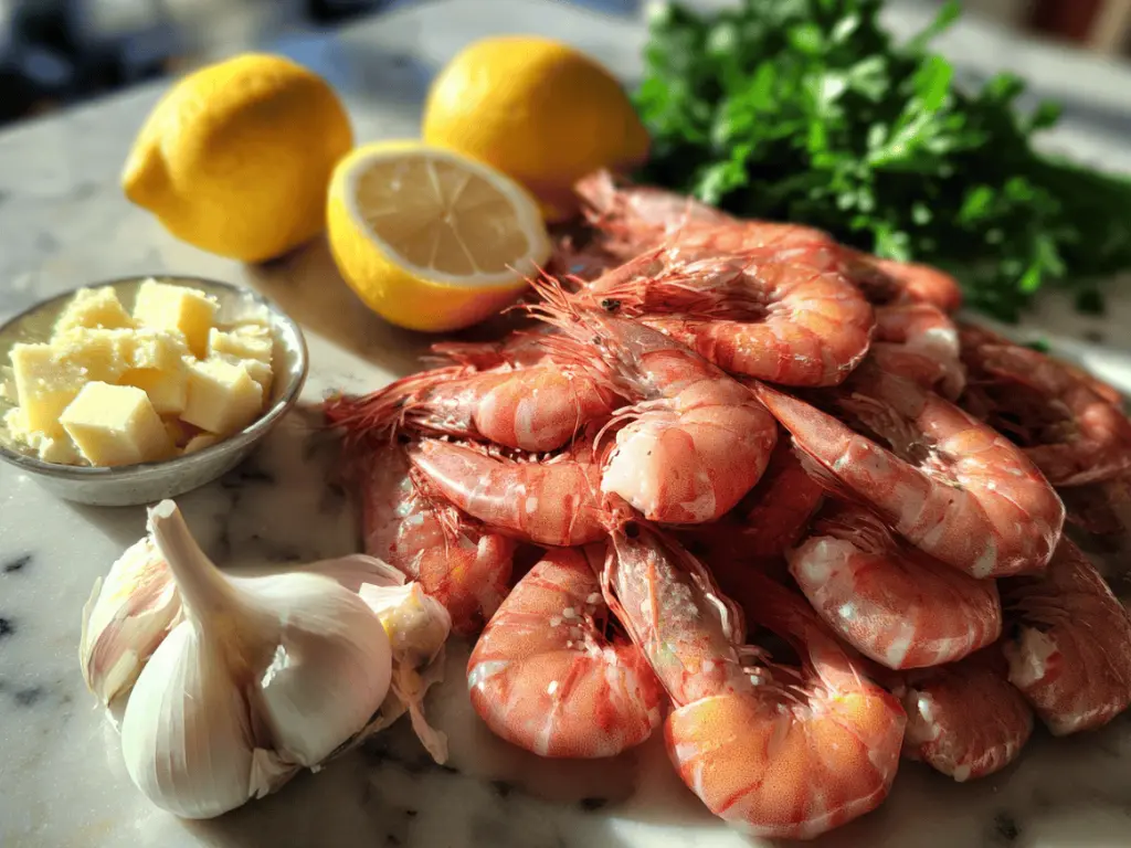 ingredients for shrimp garlic recipe including shrimp garlic butter and lemon