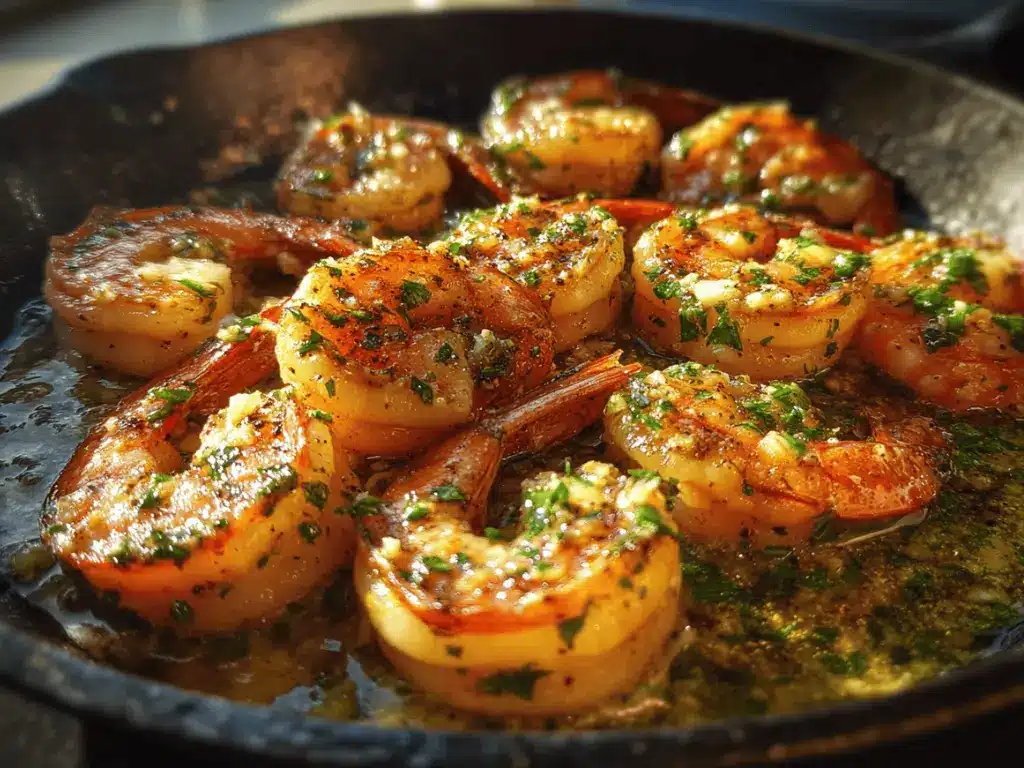 shrimp cooking in garlic butter sauce in skillet