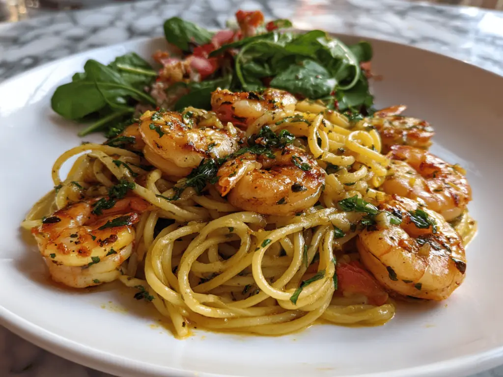serving shrimp garlic recipe with pasta and salad