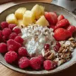 creamy cottage cheese bowl with fruit and herbs on a marble counter