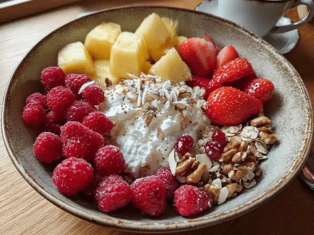 creamy cottage cheese bowl with fruit and herbs on a marble counter