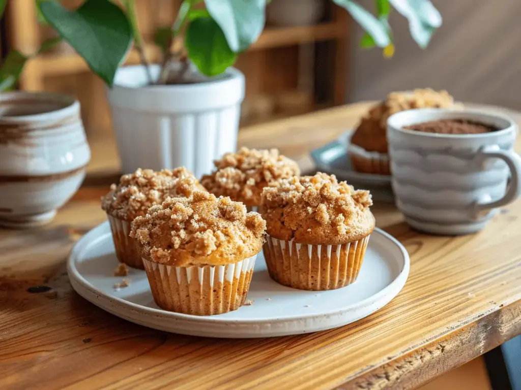 Freshly baked coffee cake muffins topped with cinnamon streusel and powdered sugar