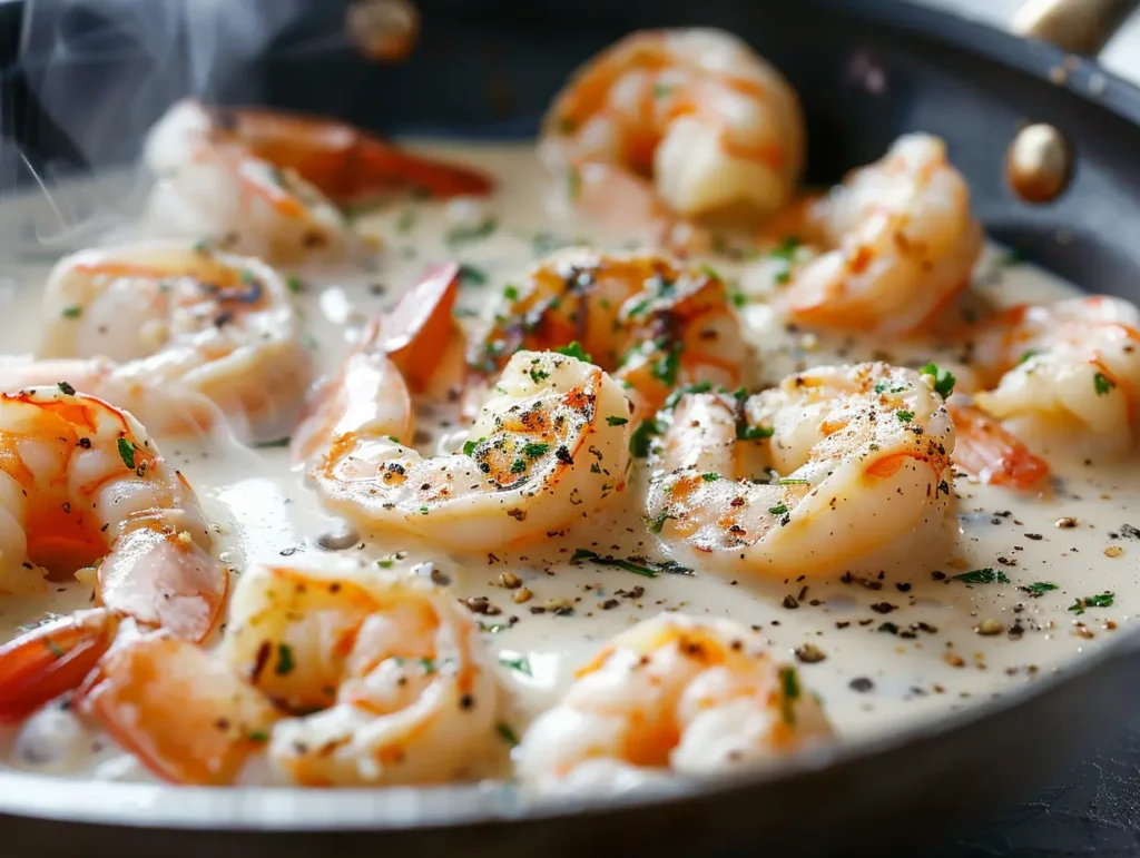 Creamy Shrimp Pasta Recipe: Rich, Flavorful & Easy to Make 2 Creamy garlic-Parmesan sauce in skillet for shrimp pasta recipe.