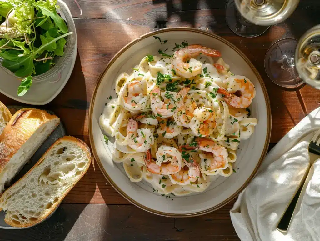 Creamy Shrimp Pasta Recipe: Rich, Flavorful & Easy to Make 4 Creamy shrimp pasta with garlic bread, green salad, and a glass of white wine.