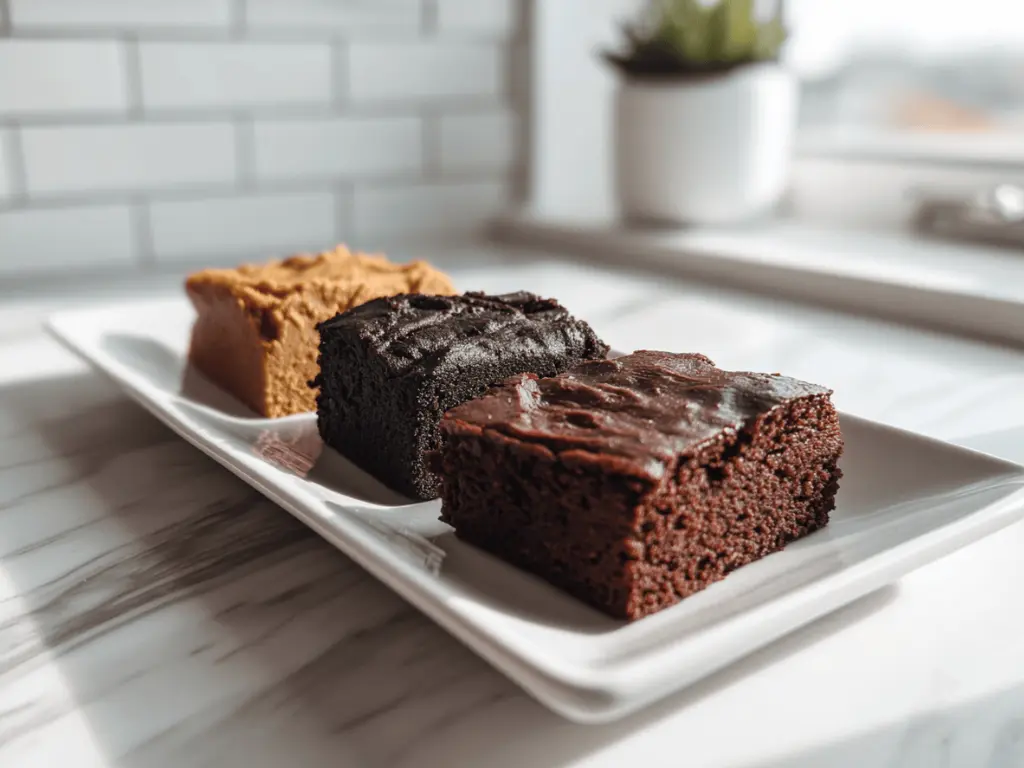 Low Calorie Brownies: Fudgy, Healthy, and Totally Guilt-Free 3 three types of low calorie brownies on a white plate, protein, keto, and sweet potato versions