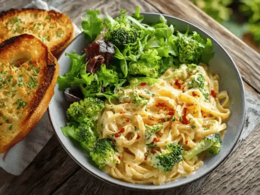 Cajun Alfredo Sauce Recipe: A Creamy, Spicy Southern Twist 4 Cajun Alfredo sauce recipe paired with broccoli, salad, and garlic bread
