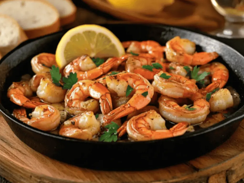 Shrimp in garlic butter sauce with parsley and lemon in a cast-iron skillet