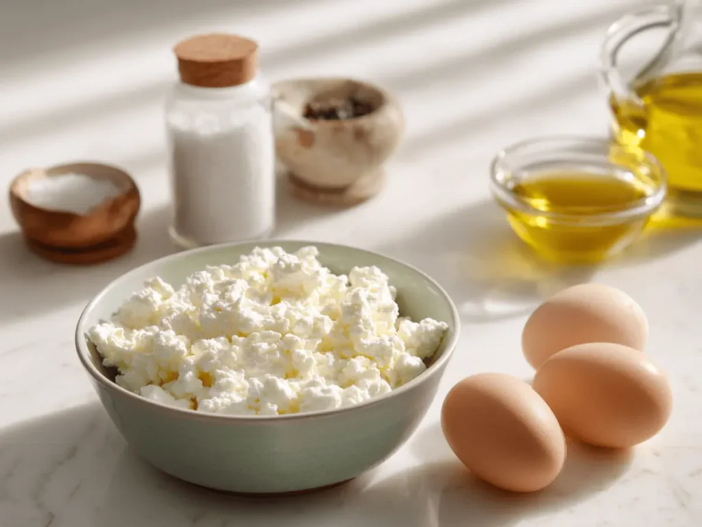 ingredients for cottage cheese and egg flatbread on a kitchen counter
