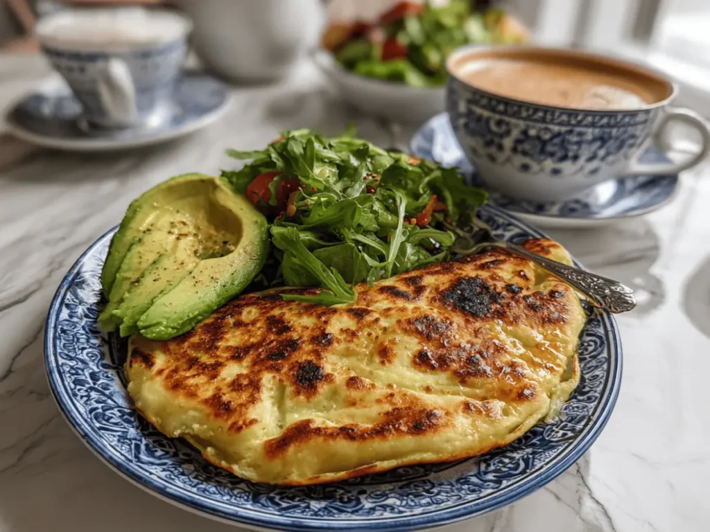serving cottage cheese and egg flatbread with salad and avocado