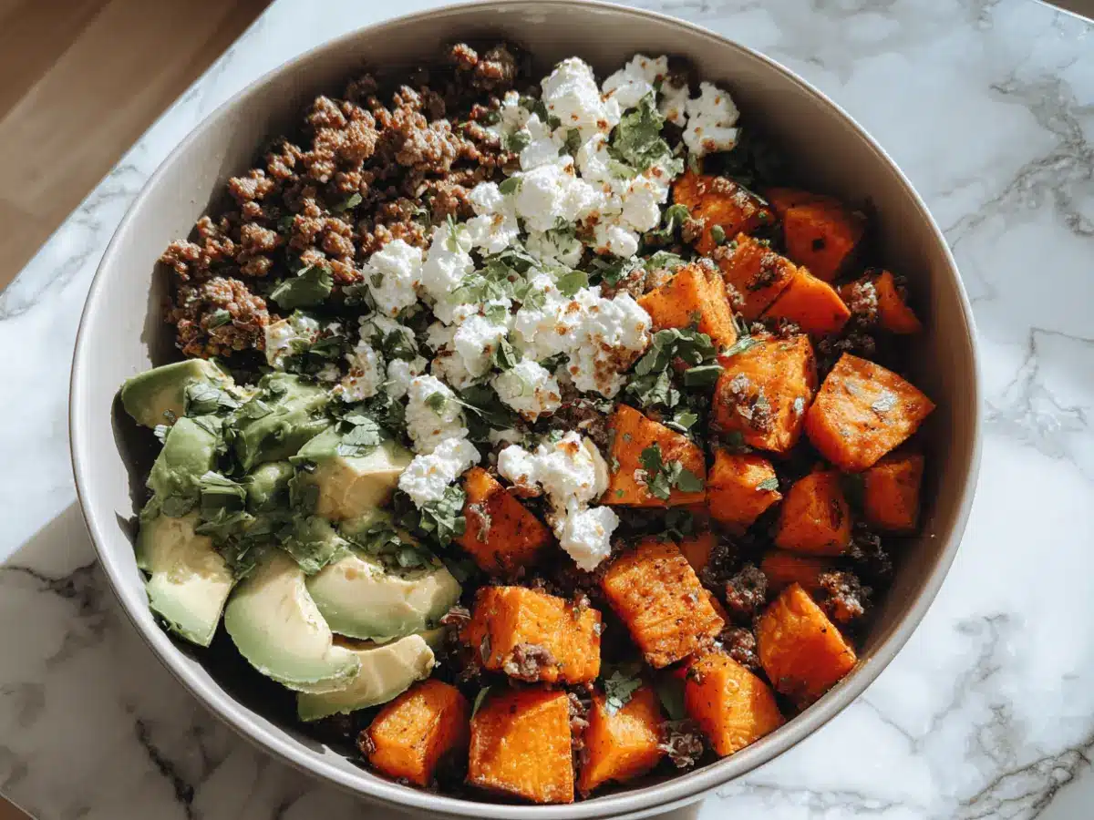 Top down view of Cottage Cheese Sweet Potato Beef Bowl with ground beef and avocado