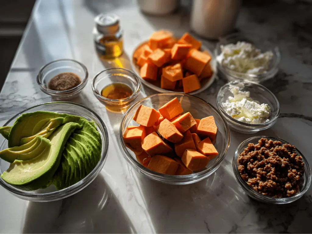 Ingredients for Cottage Cheese Sweet Potato Beef Bowl including ground beef and sweet potatoes