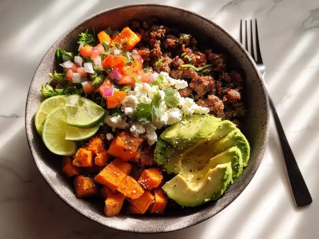 Serving Cottage Cheese Sweet Potato Beef Bowl with salad and lime wedges