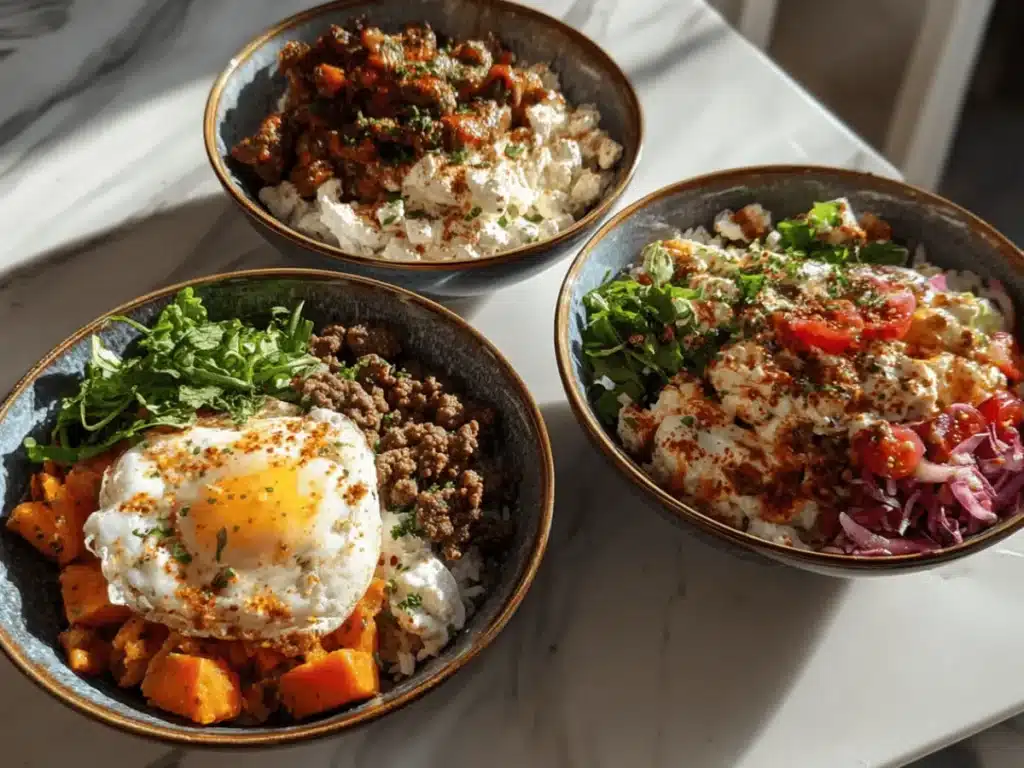Different variations of Cottage Cheese Sweet Potato Beef Bowl with ground beef and toppings