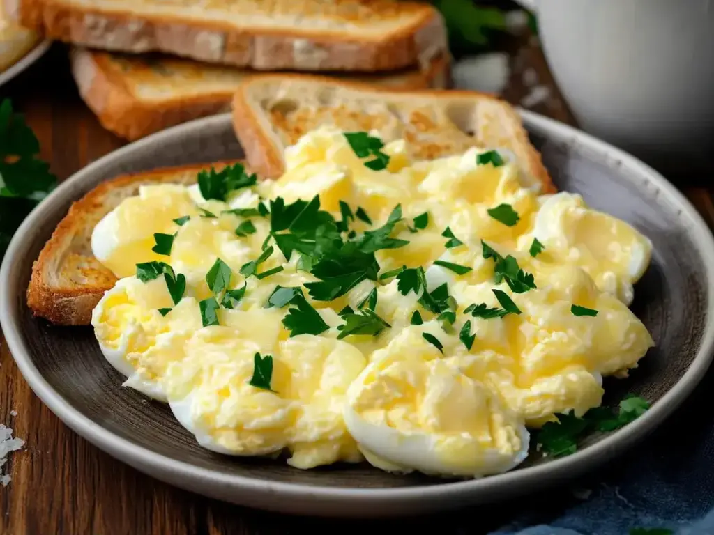 Garlic butter eggs served with toast and fresh parsley on a plate in morning light