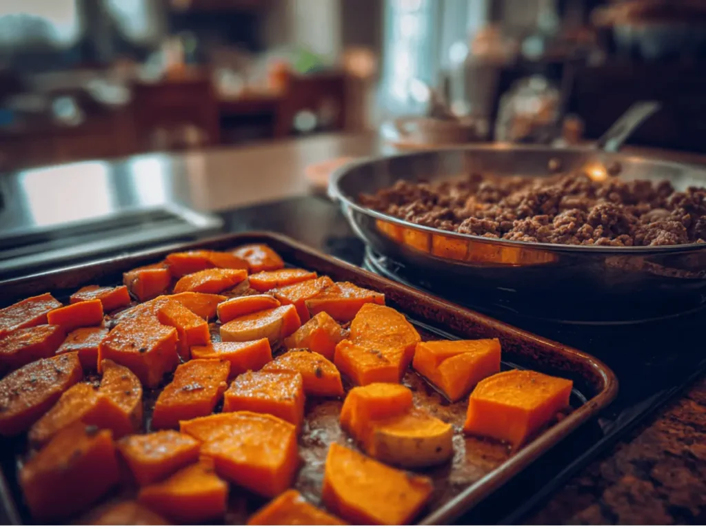 Roasting sweet potatoes and browning beef in kitchen light