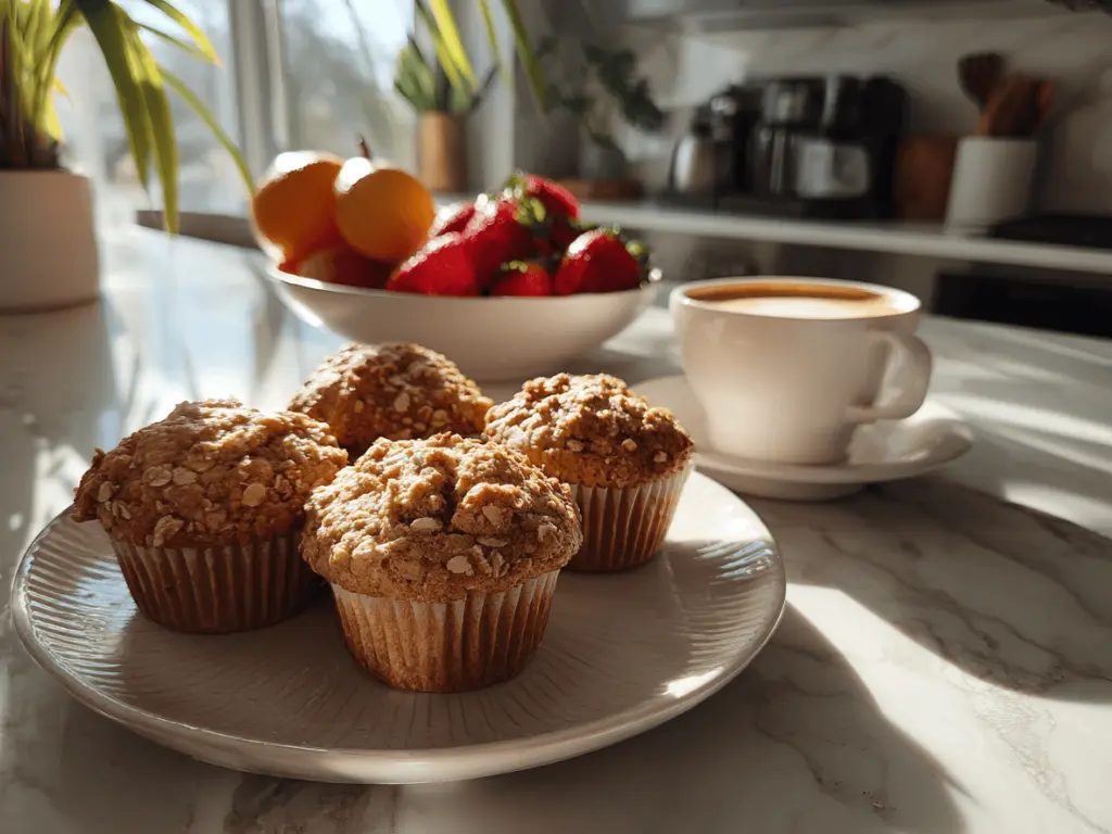 serving oatmeal yogurt muffins with coffee and fruit in bright morning light
