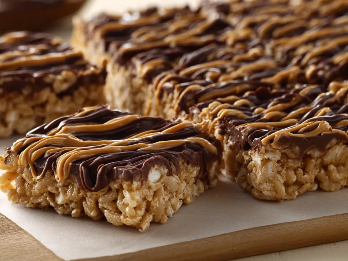 Peanut butter chocolate rice cake bars drizzled with chocolate and peanut butter on a cutting board.