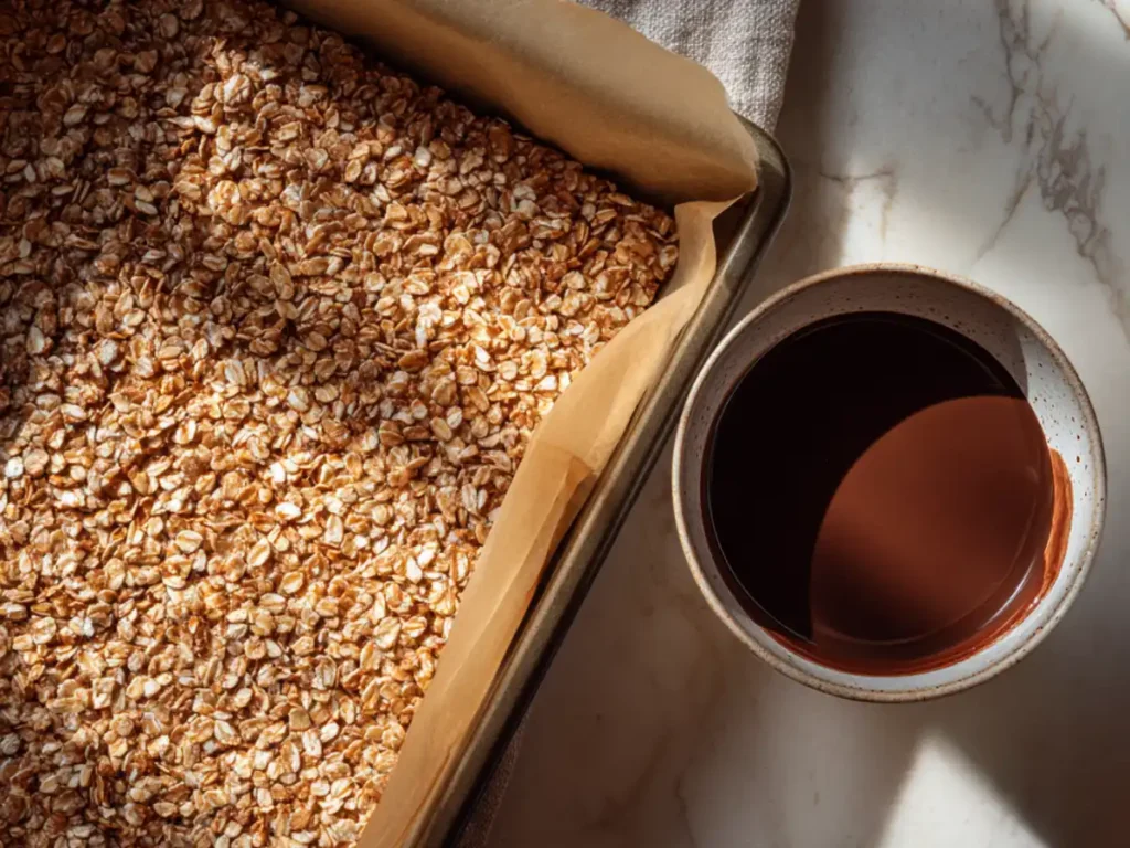 Hands pressing rice cake mixture into pan before adding melted chocolate.