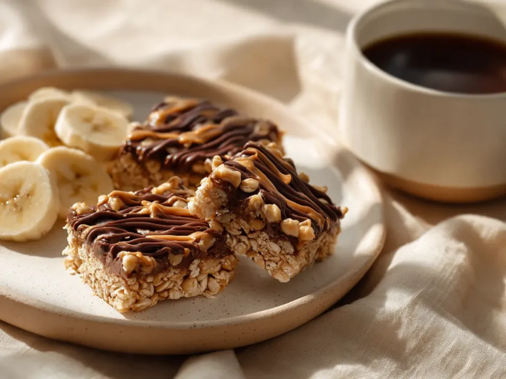 Peanut butter chocolate rice cakes bars served with banana and coffee.