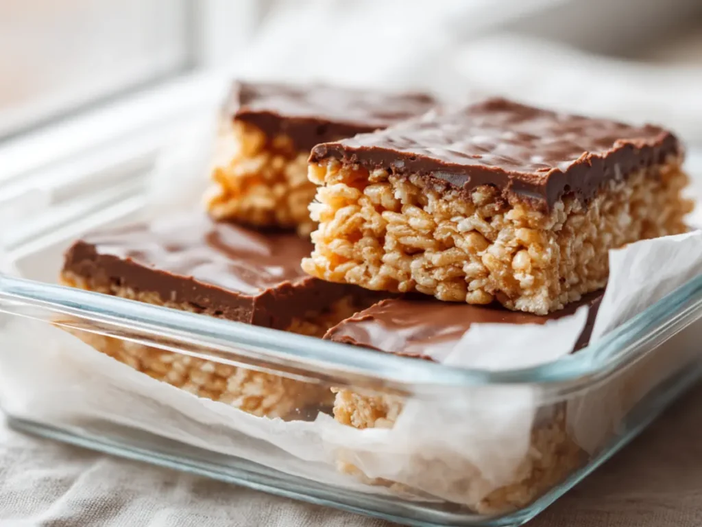 Peanut butter chocolate rice cake bars stored neatly in glass container.