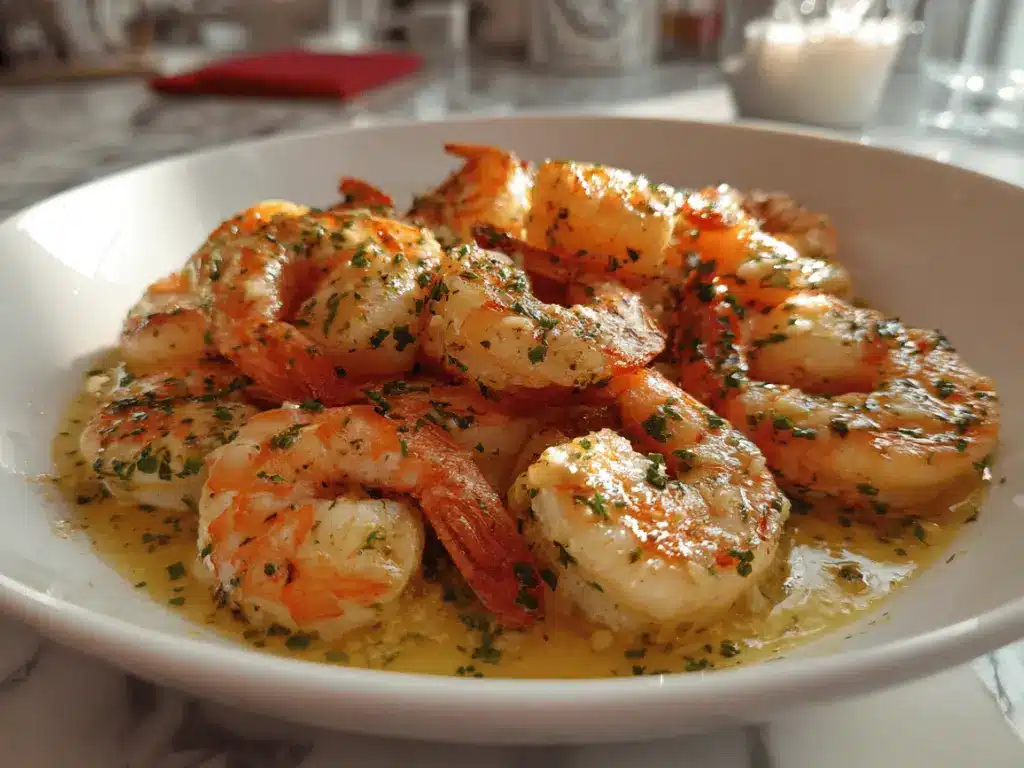 shrimp garlic recipe served in garlic butter sauce with lemon and herbs