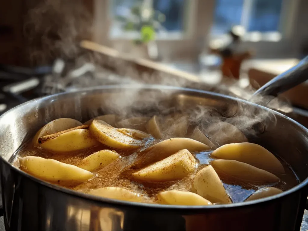 Stewed Apples Recipe – Simple, Healthy, and Comforting 3 Apples simmering in a saucepan with cinnamon under natural daylight as part of a stewed apples recipe.